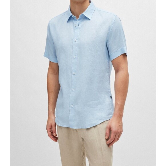 HUGO BOSS Shirt Mens Small Blue Slim Fit Stretch Linen Blend ROAN KEN $138 - Picture 1 of 10